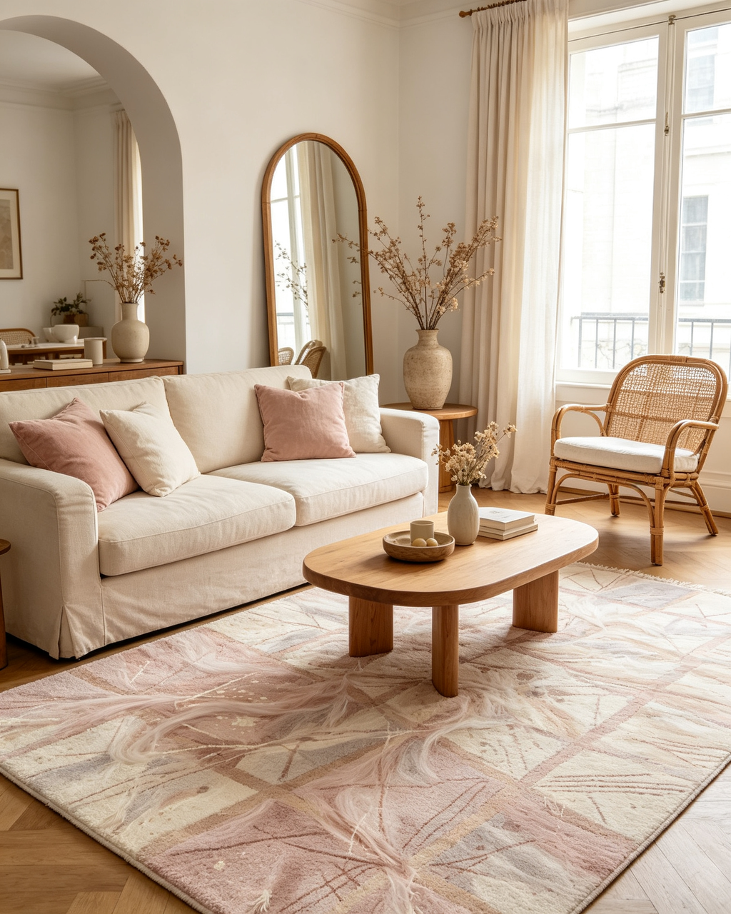 Blush Pink Abstract Grid Fringed Wool Area Rug