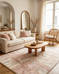 Blush Pink Abstract Grid Fringed Wool Area Rug