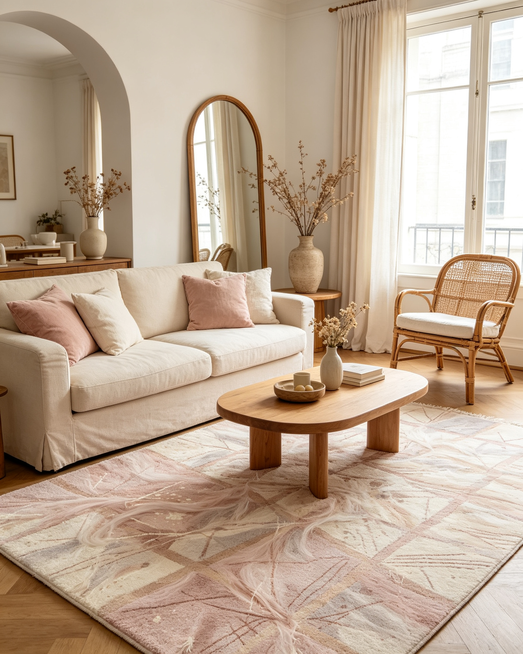Blush Pink Abstract Grid Fringed Wool Area Rug